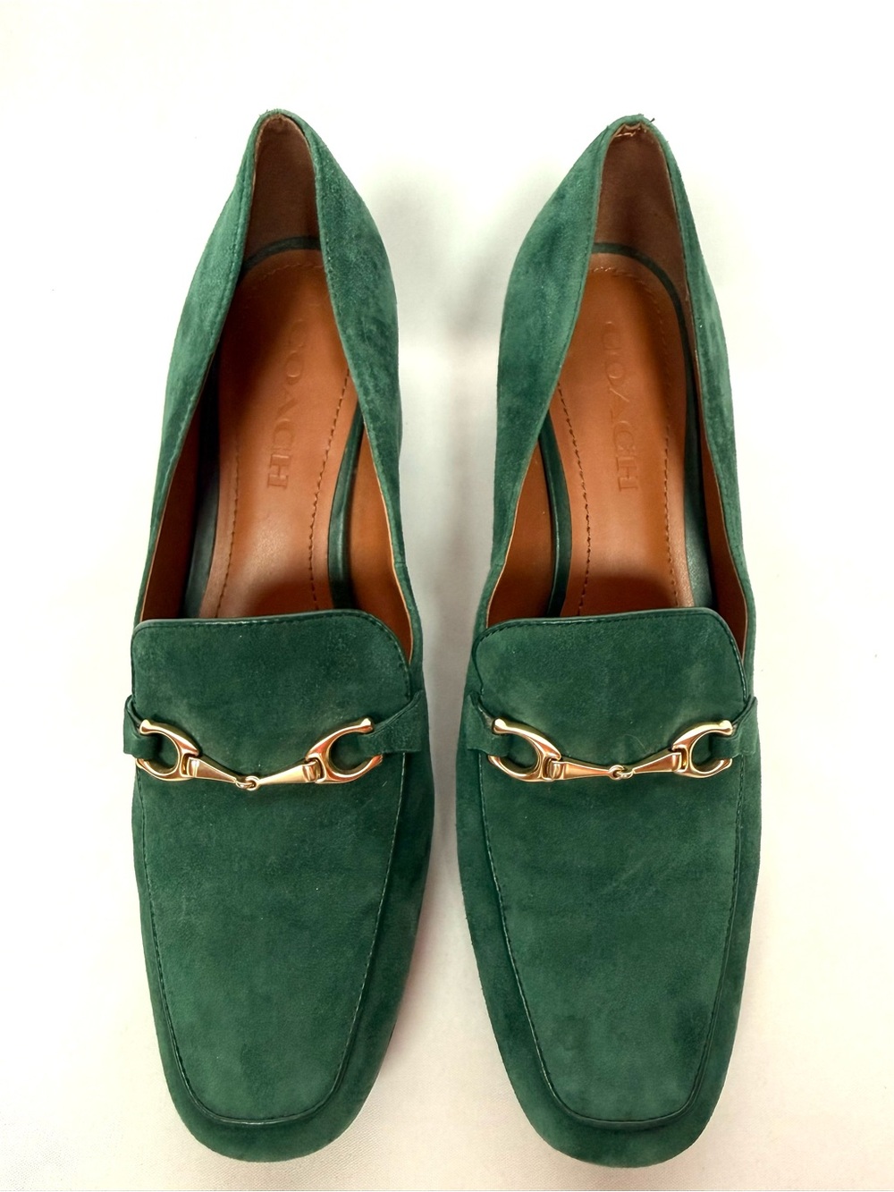 Coach Emerald Green Suede Horsebit Block Heel Loafers Pumps 8B